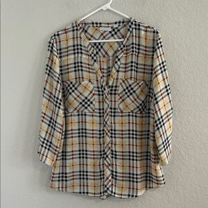 New York & Company Plaid Button Down Shirt - Black, White, Yellow, Pink